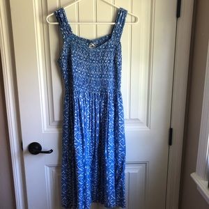 smocked coastal grandmother midi dress